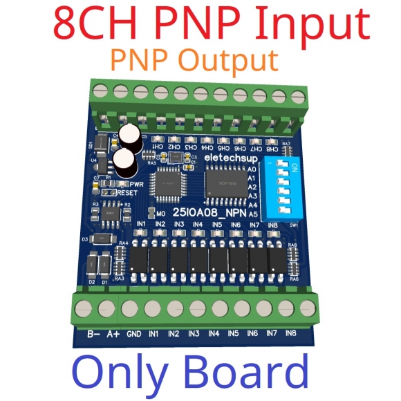 25IOA08 8DI 8DO PNP to PNP RS485 Modbus Rtu Remote IO Module DC 12-24V 300MA DMOS PNP High Level Output for PLC LED Smart Home IOT