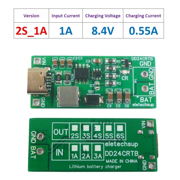 DD24CRTB 2S 1A Type-c Multi-cell 8.4V 12.6 16.8 21V 25.2V Step-up Boost Charger Module for 7.4V 11.1V 14.8V 18.5V 22.2V 18650 Battery Pack