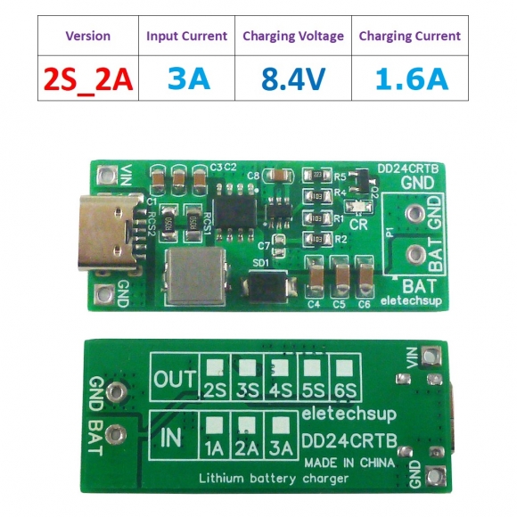 DD24CRTB 2S 3A 2-6S Type-c Multi-cell 8.4V 12.6 16.8 21V 25.2V Step-up Boost Charger Module for 7.4V 11.1V 14.8V 18.5V 22.2V 18650 Battery Pack